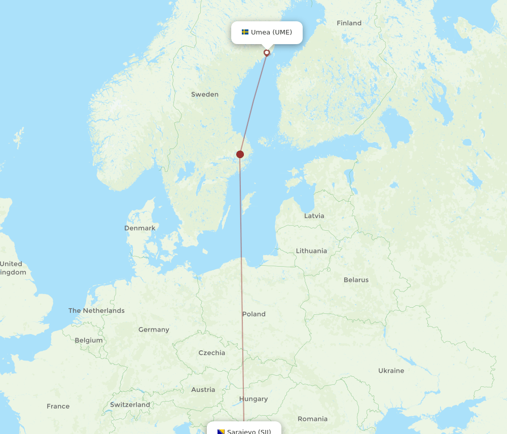 Sarajevo - Umea route map and flight paths