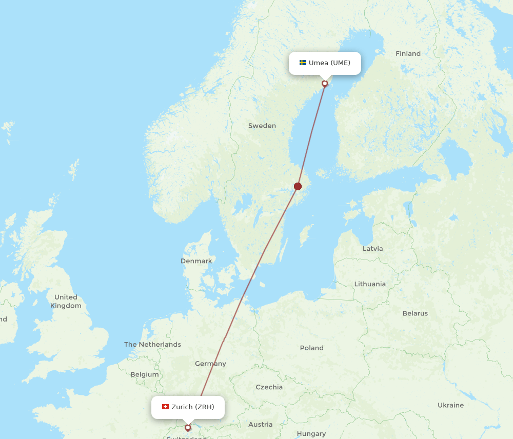 Zurich - Umea route map and flight paths