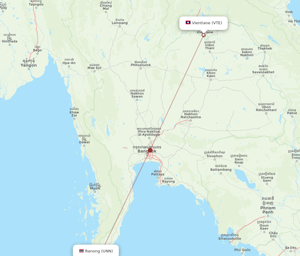 Vientiane - Ranong route map and flight paths