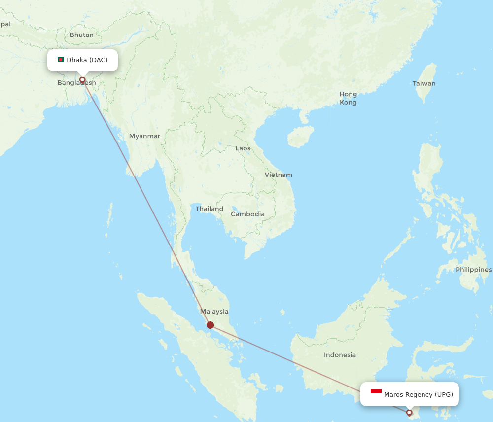 Ujung Pandang - Dhaka route map and flight paths