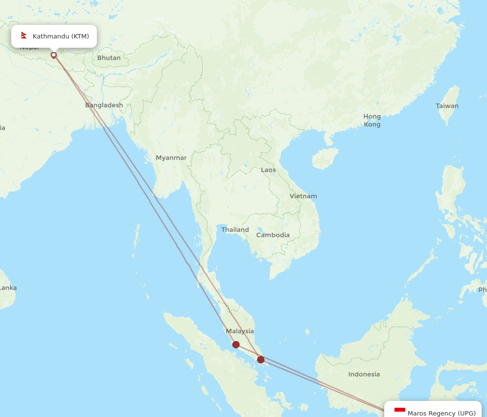 Ujung Pandang - Kathmandu route map and flight paths