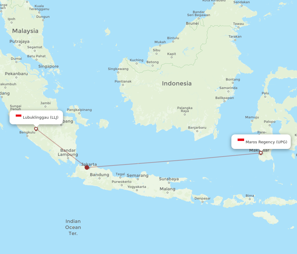 Lubuk Linggau - Ujung Pandang route map and flight paths