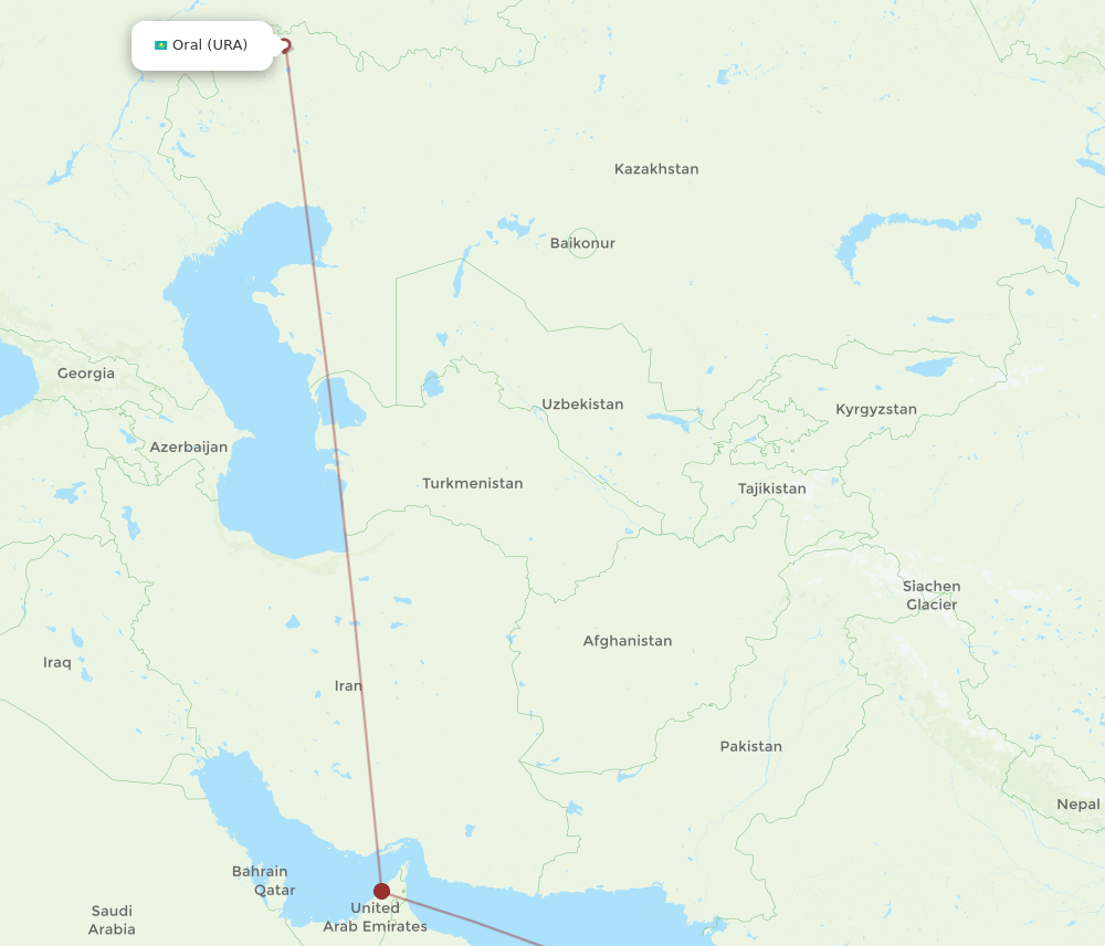 Mumbai - Uralsk route map and flight paths