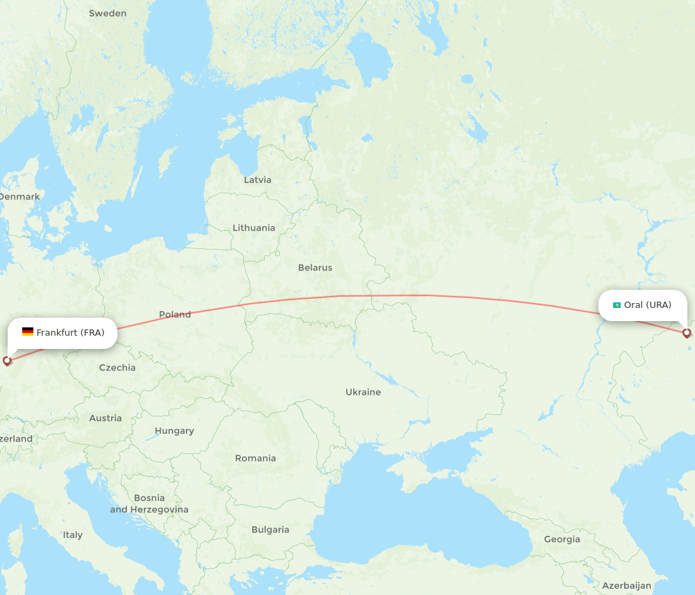 Uralsk - Frankfurt route map and flight paths