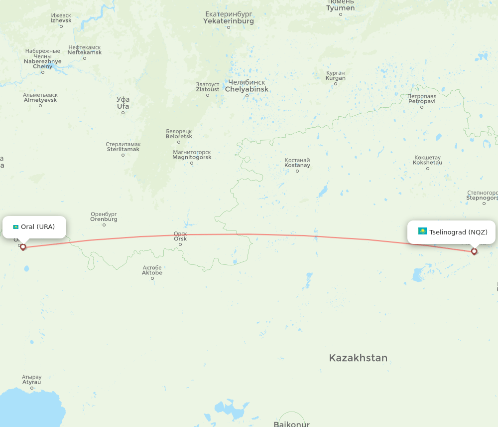 Uralsk - Astana route map and flight paths