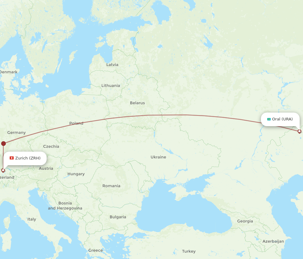 Zurich - Uralsk route map and flight paths