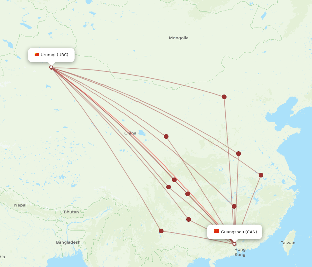URC to CAN flights and routes map