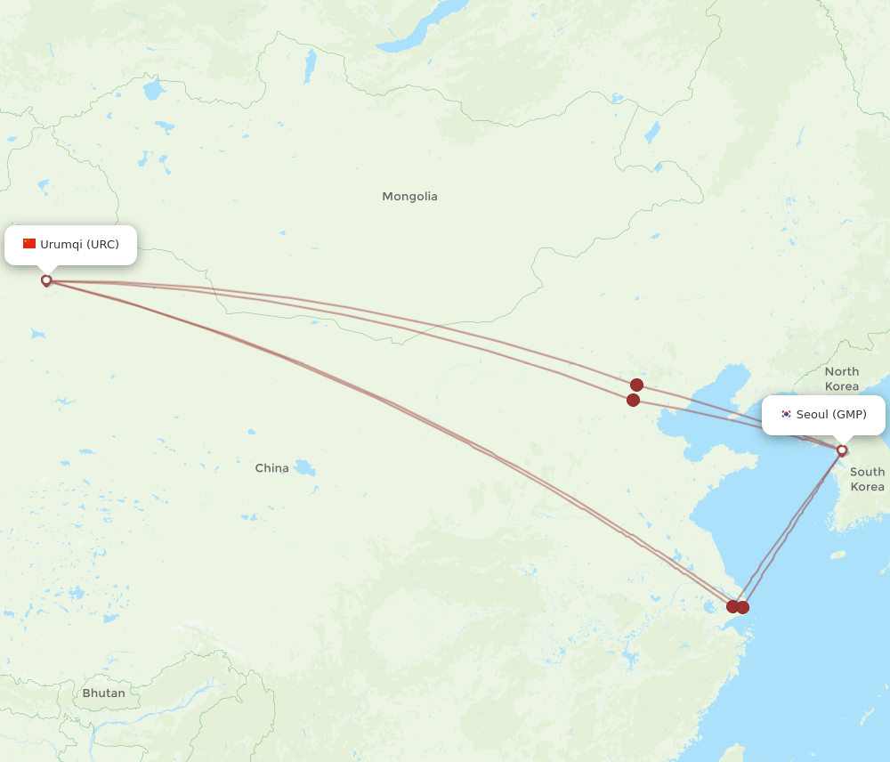 Seoul - Urumqi route map and flight paths