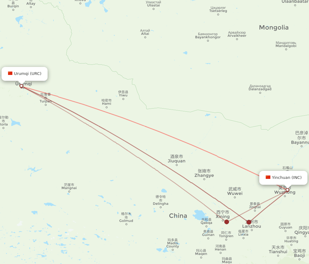 Urumqi - Yinchuan route map and flight paths