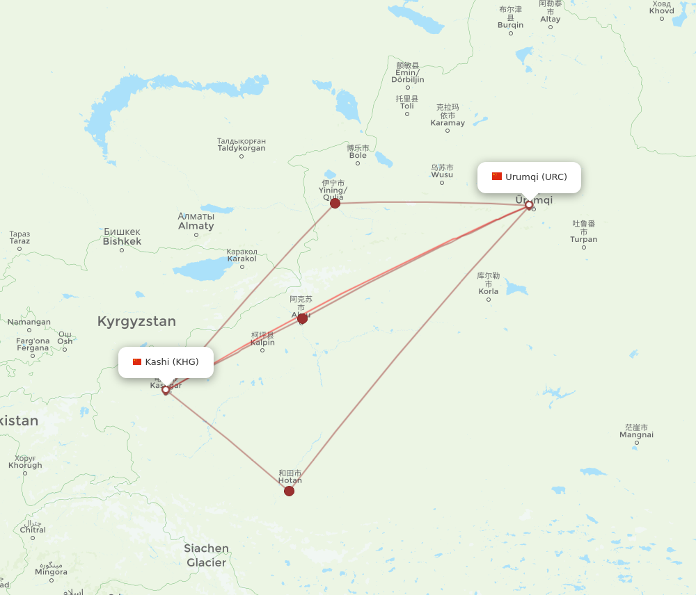 URC to KHG flights and routes map