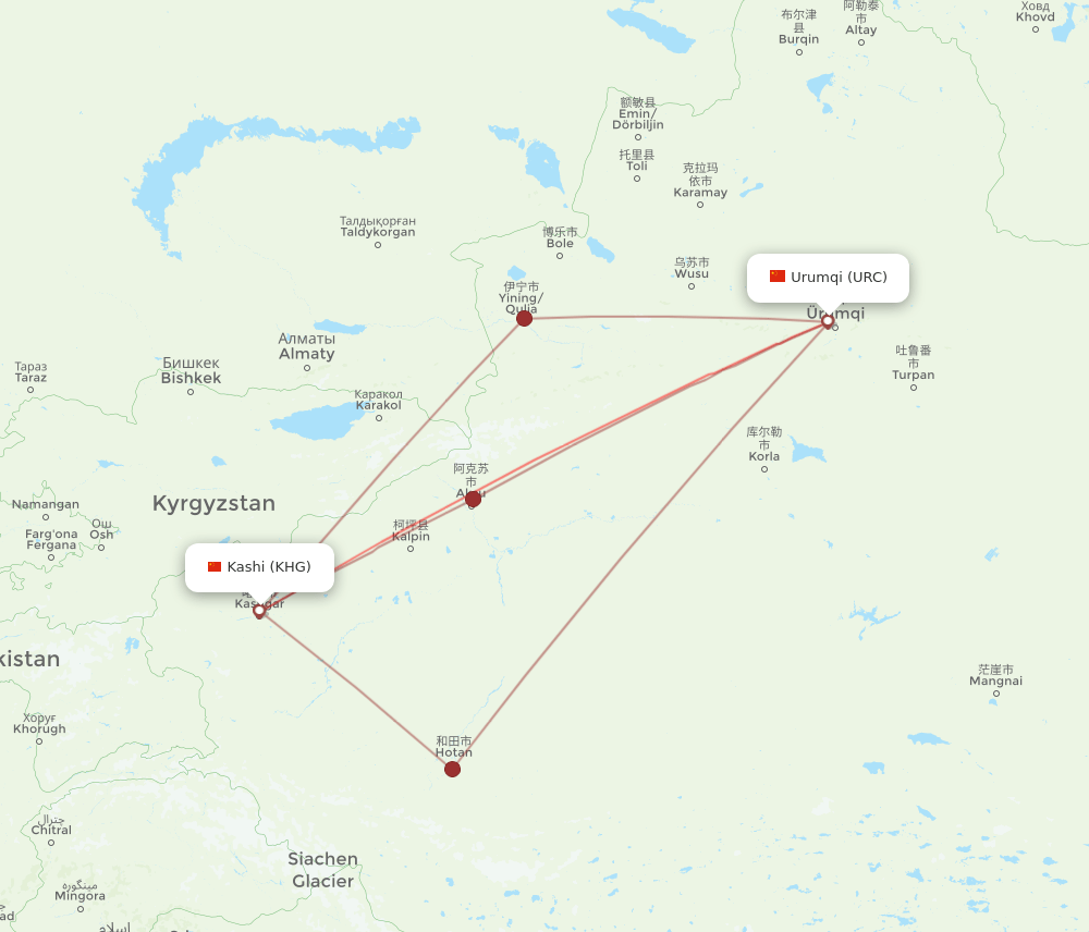 URC-KHG flight routes
