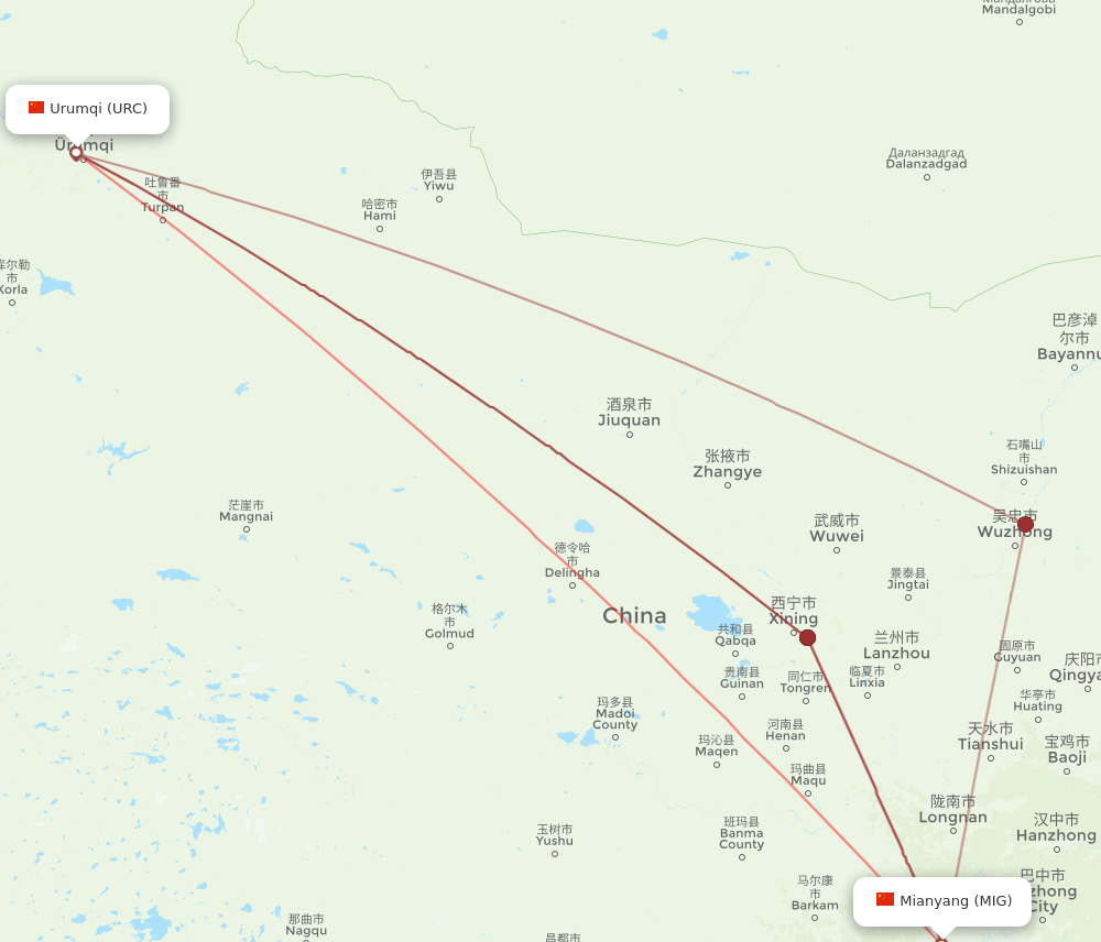 Urumqi - Mian Yang route map and flight paths