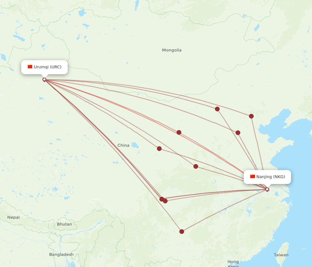 URC to NKG flights and routes map