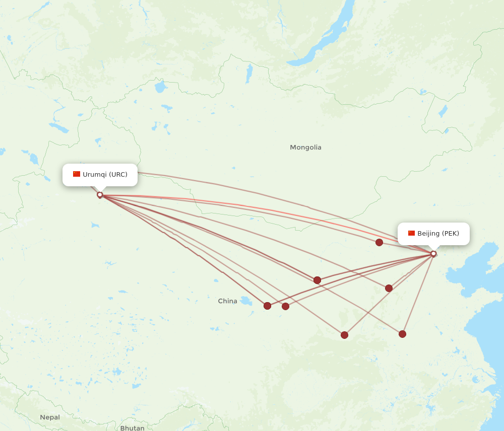 URC to PEK flights and routes map