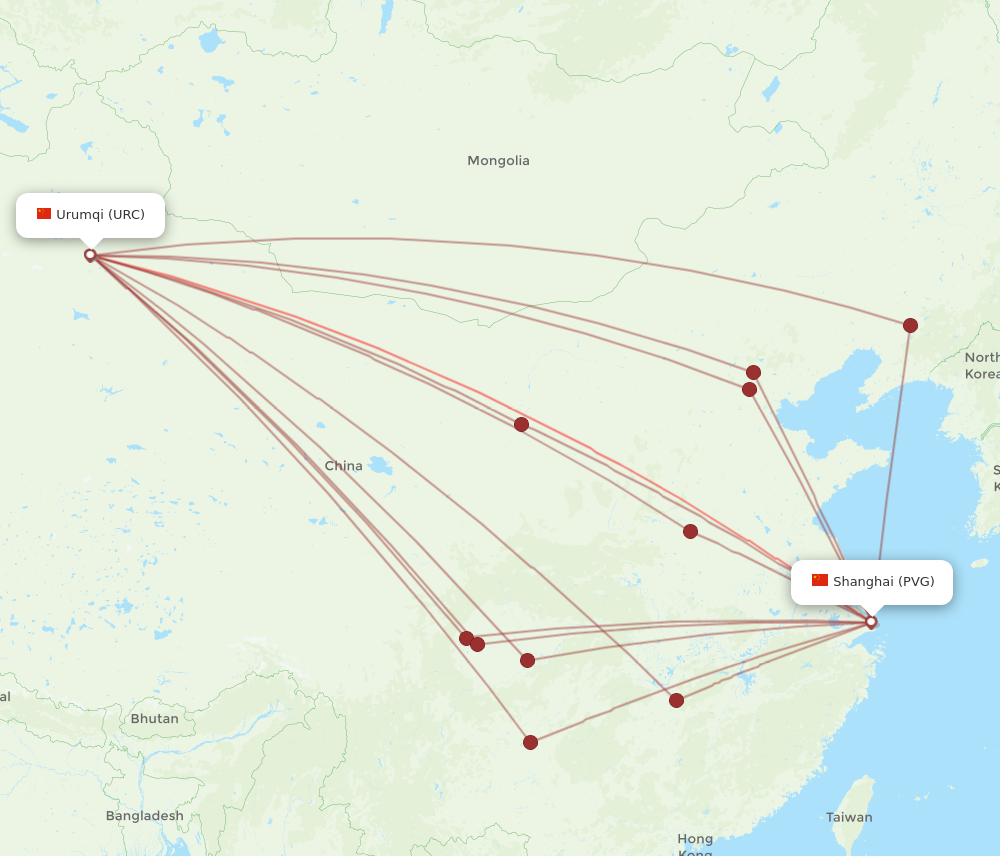 URC to PVG flights and routes map
