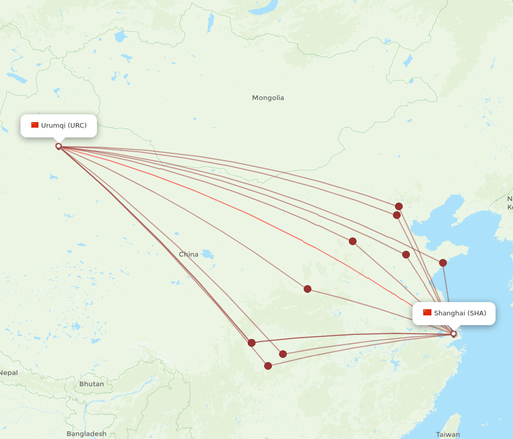 URC to SHA flights and routes map