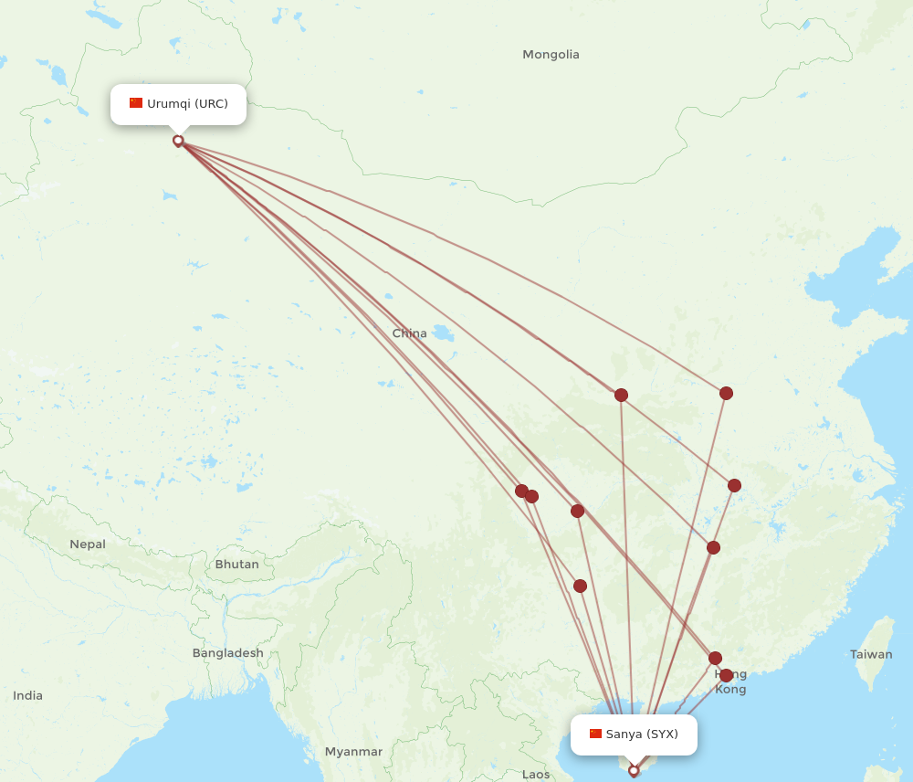URC to SYX flights and routes map