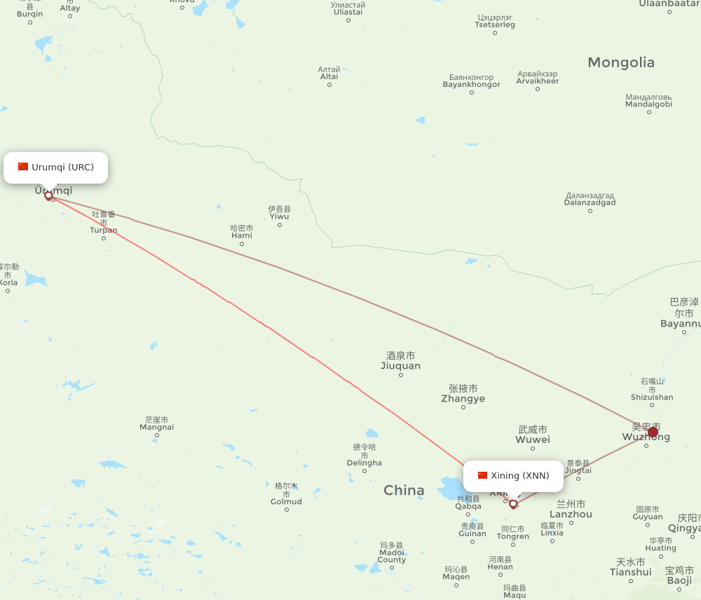 Urumqi - Xining route map and flight paths