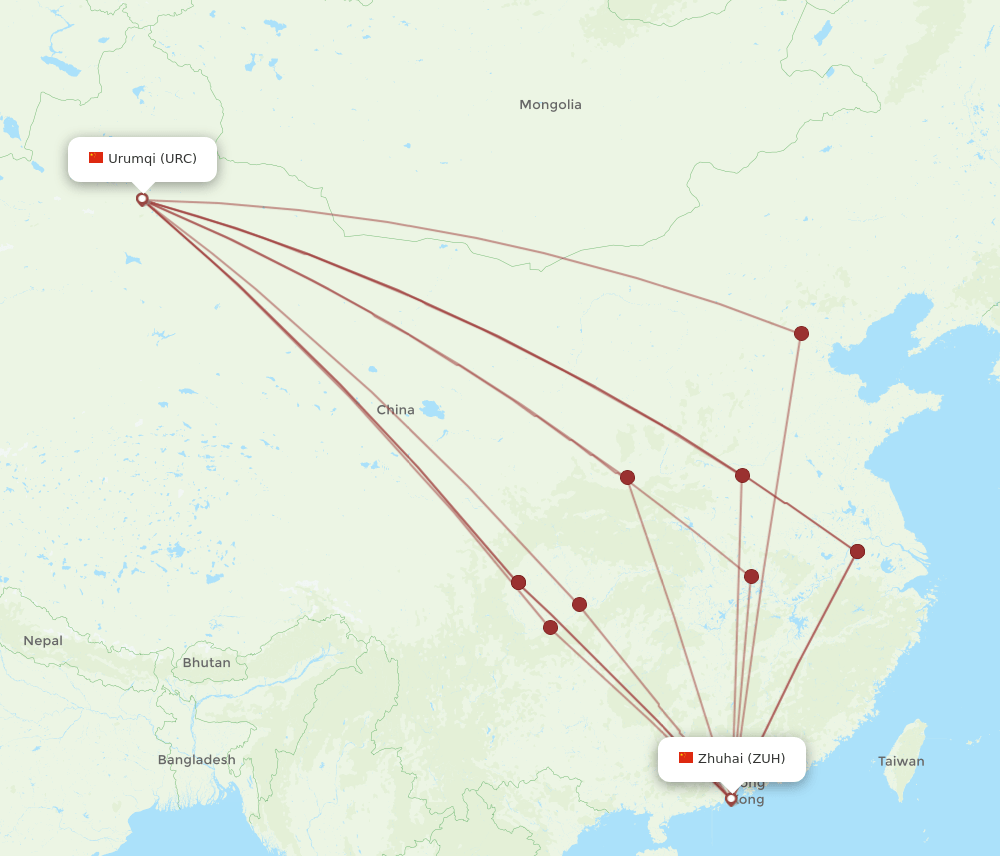 Zhuhai - Urumqi route map and flight paths