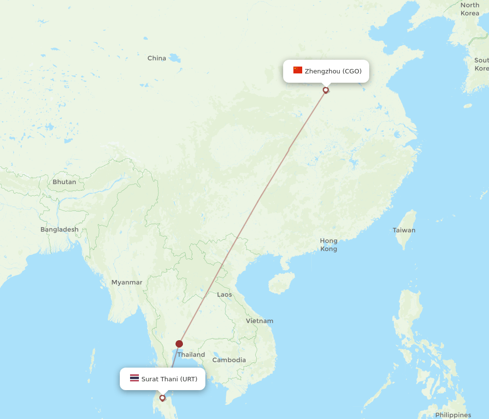 Zhengzhou - Surat Thani route map and flight paths