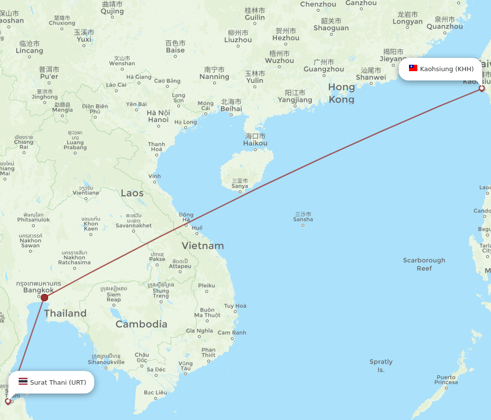 Kaohsiung - Surat Thani route map and flight paths