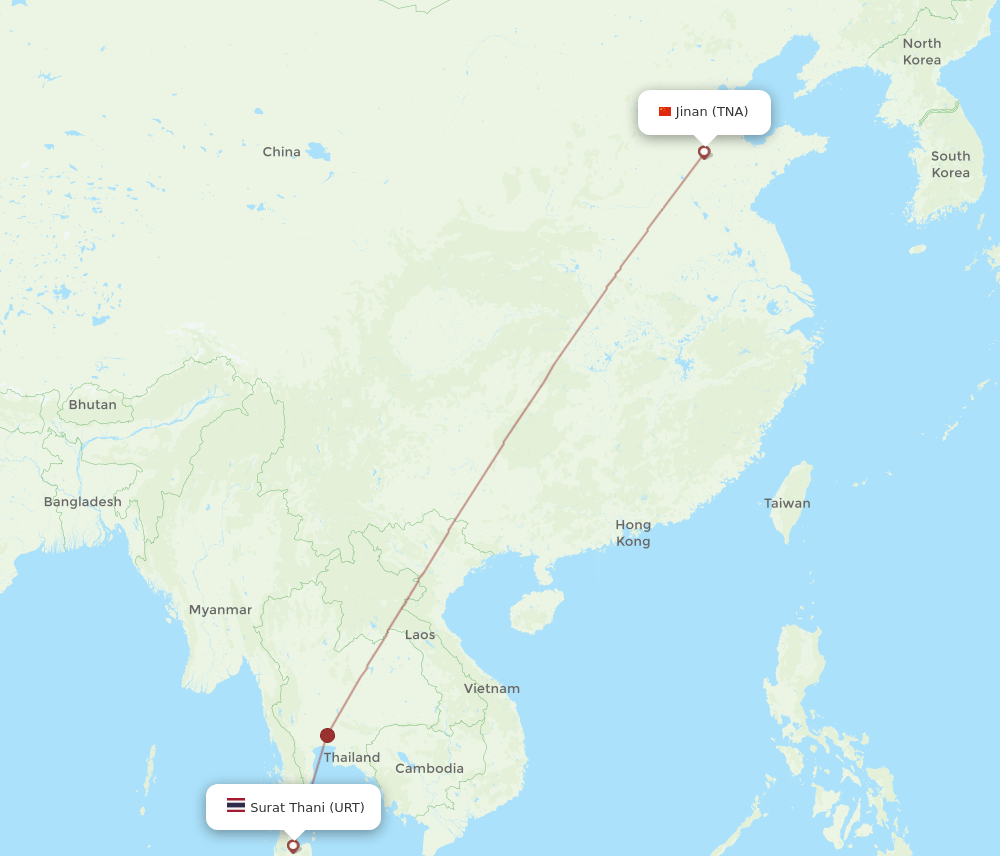 Jinan - Surat Thani route map and flight paths