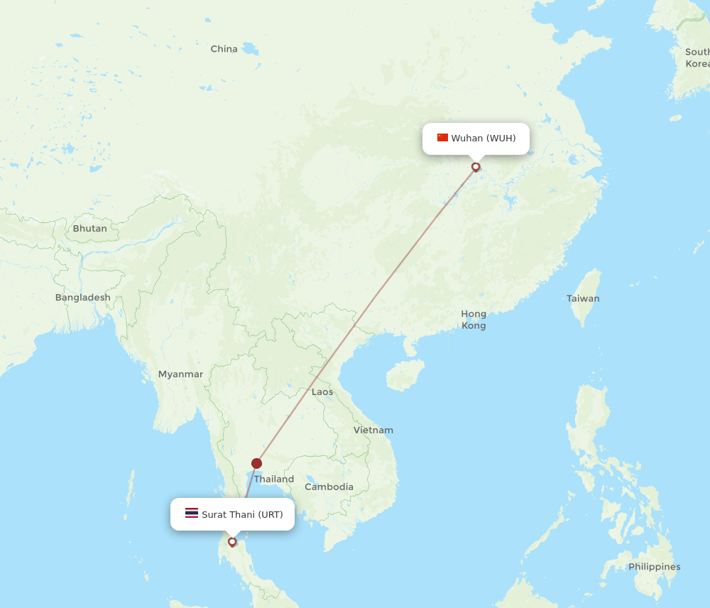 Wuhan - Surat Thani route map and flight paths