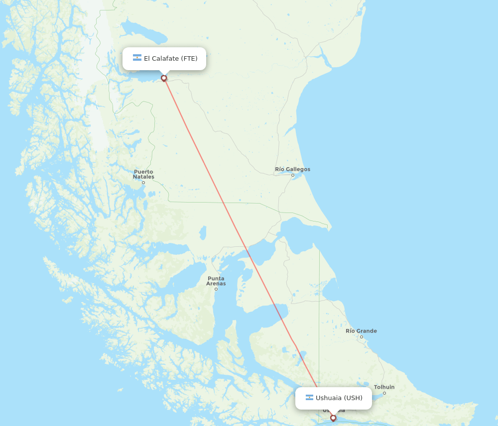 Ushuaia - El Calafate route map and flight paths