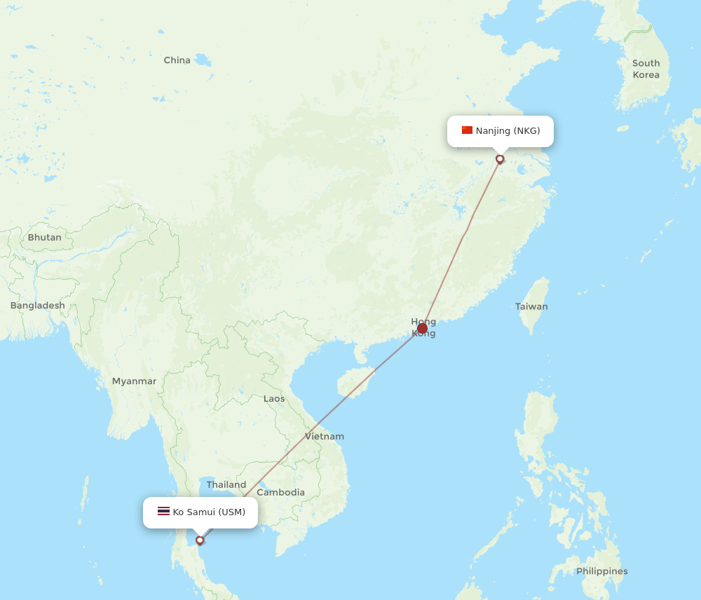 Nanjing - Koh Samui route map and flight paths