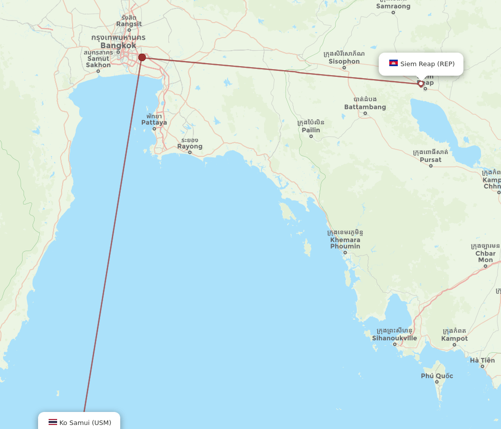 Koh Samui - Siem Reap route map and flight paths