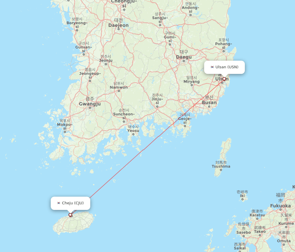 Ulsan - Jeju route map and flight paths