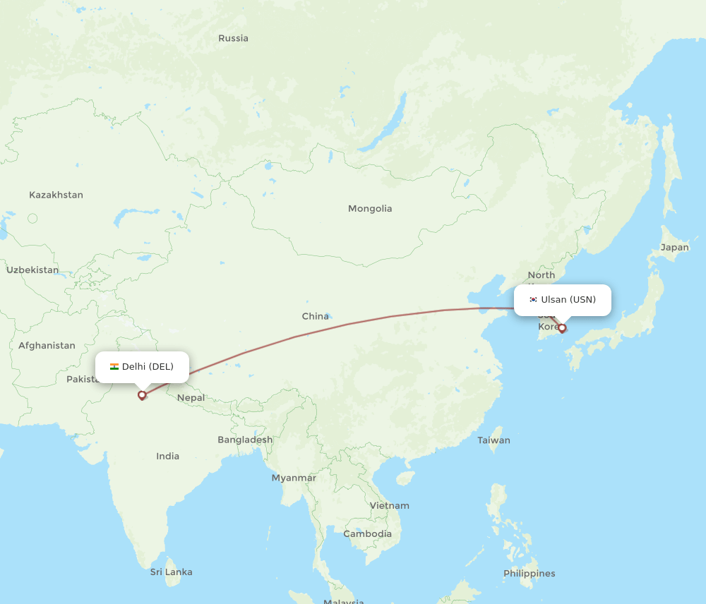 USN to DEL flights and routes map