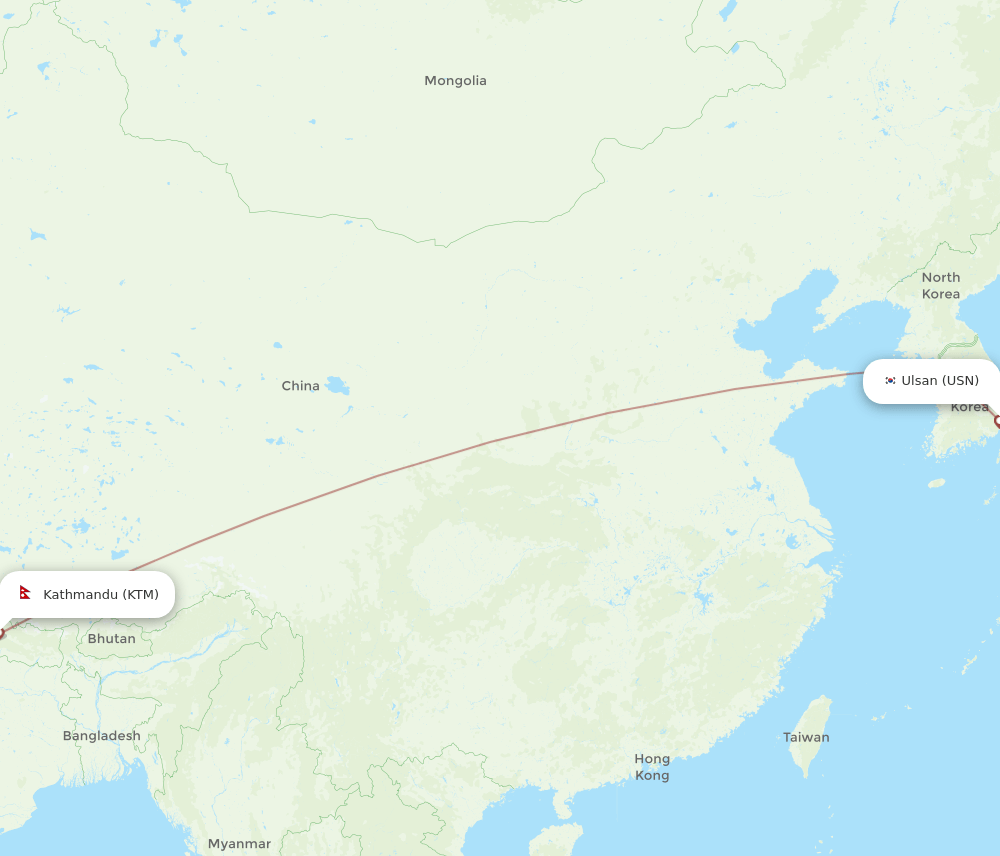 Kathmandu - Ulsan route map and flight paths