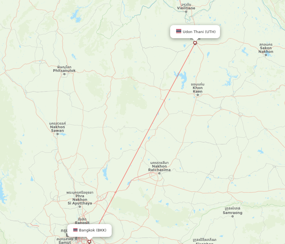 Udon Thani - Bangkok route map and flight paths