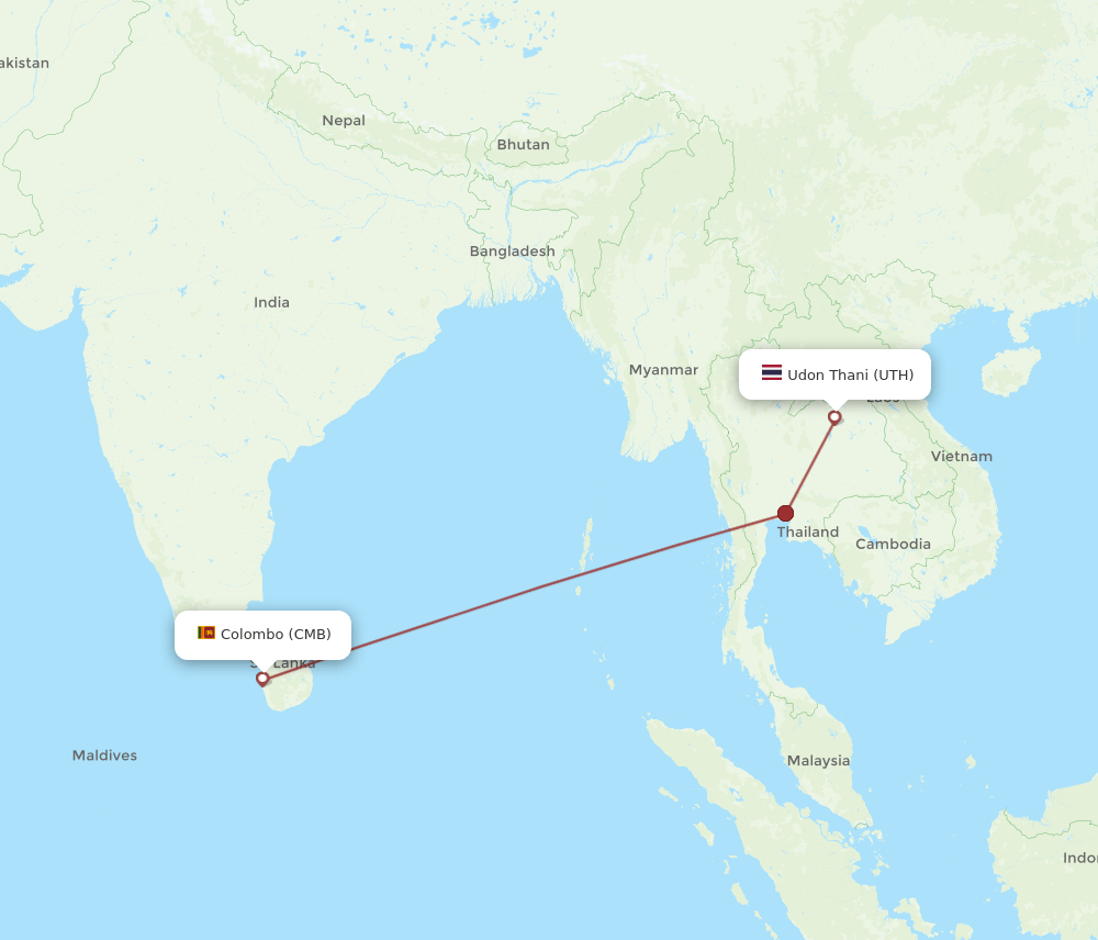 Colombo - Udon Thani route map and flight paths