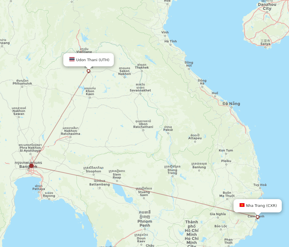 Udon Thani - Nha Trang route map and flight paths
