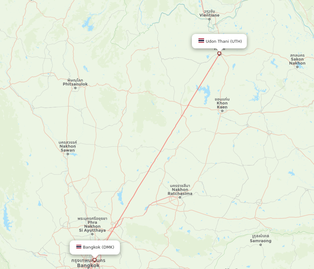 Udon Thani - Bangkok route map and flight paths