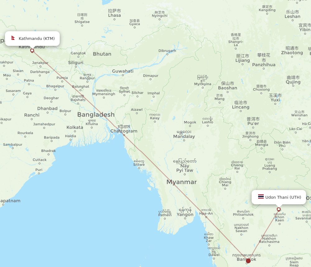 Kathmandu - Udon Thani route map and flight paths