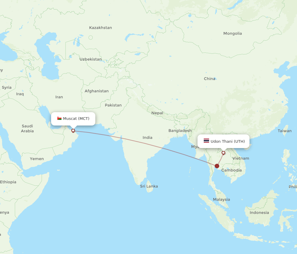 Muscat - Udon Thani route map and flight paths