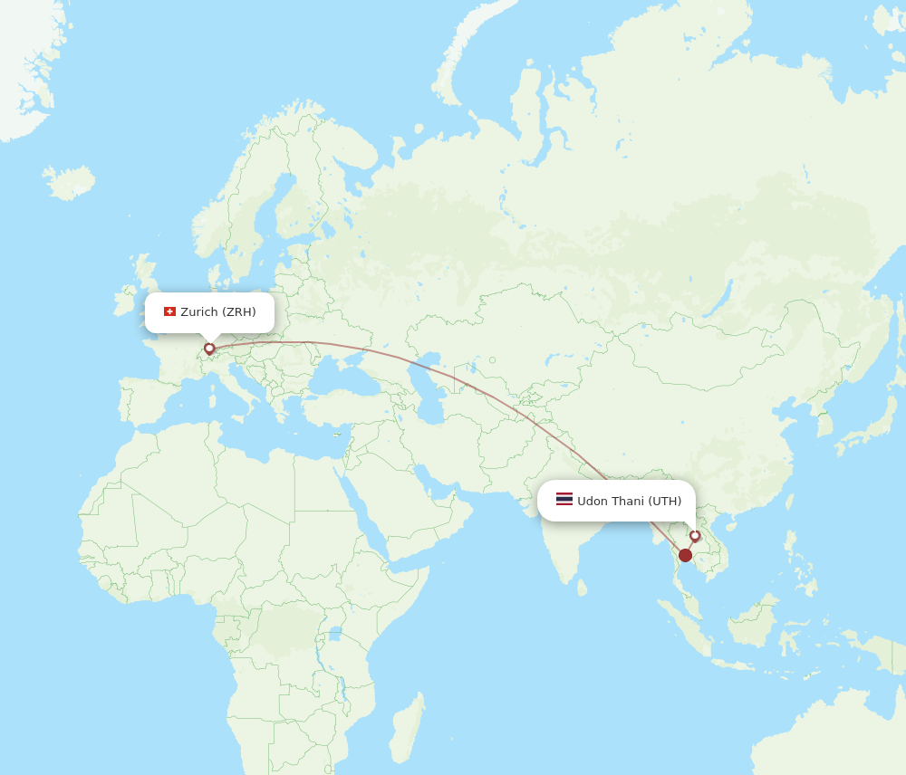 Zurich - Udon Thani route map and flight paths