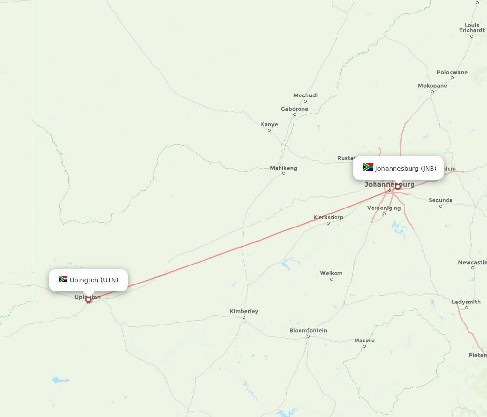 UTN to JNB flights and routes map