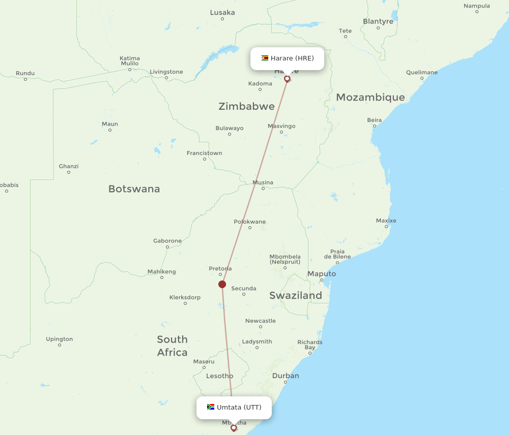 UTT to HRE flights and routes map