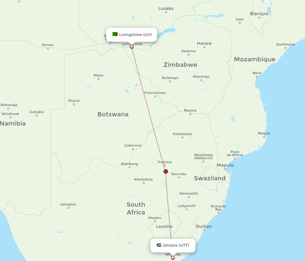 Livingstone - Umtata route map and flight paths