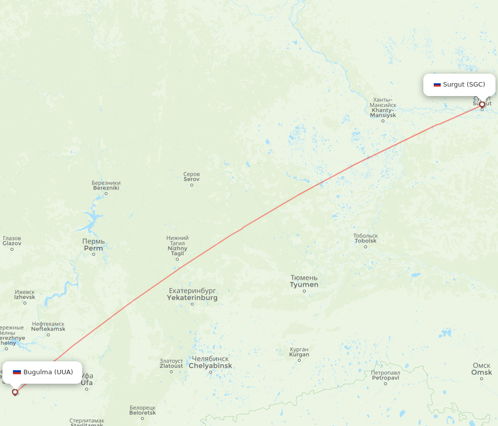 Bugulma - Surgut route map and flight paths
