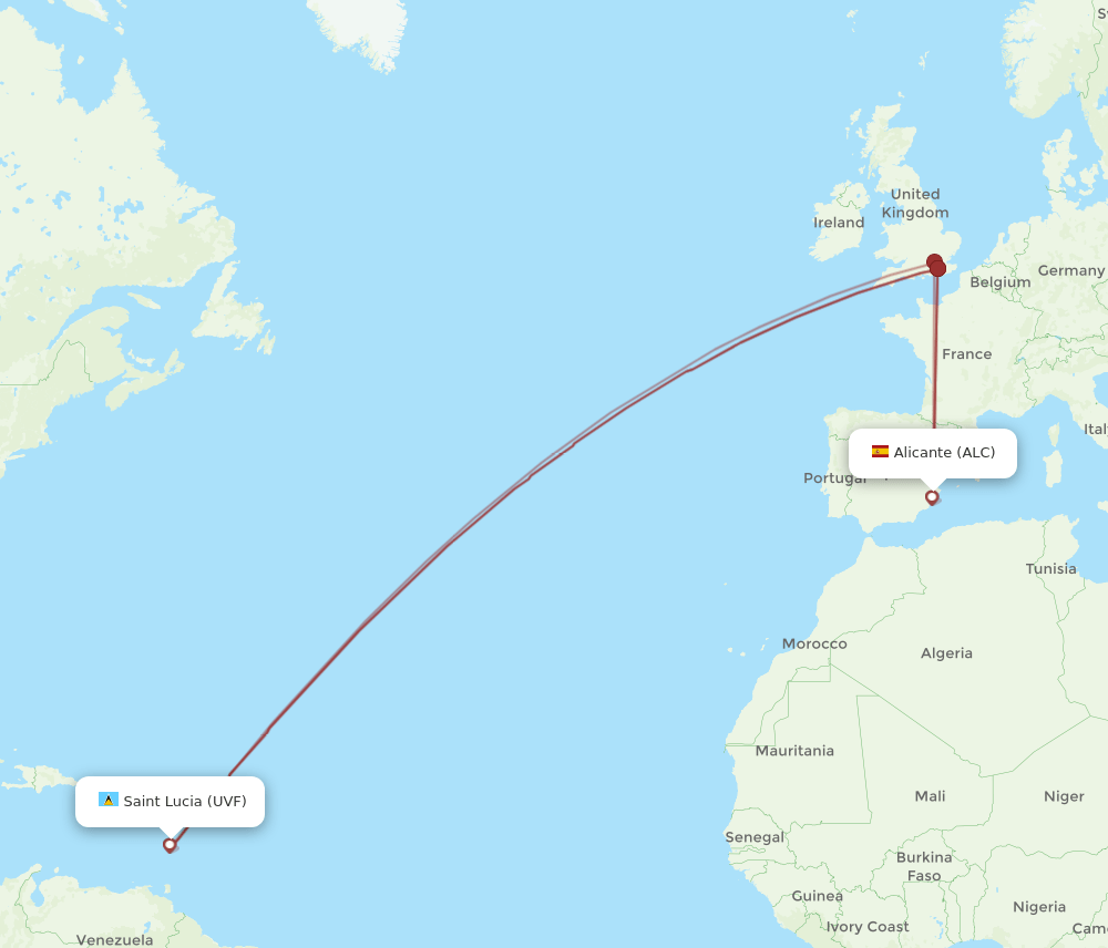 Alicante - Saint Lucia route map and flight paths