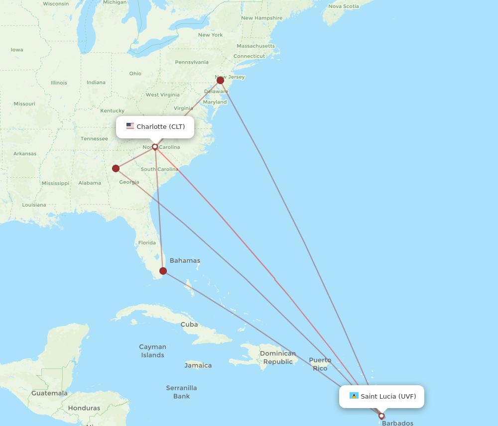 UVF to CLT flights and routes map