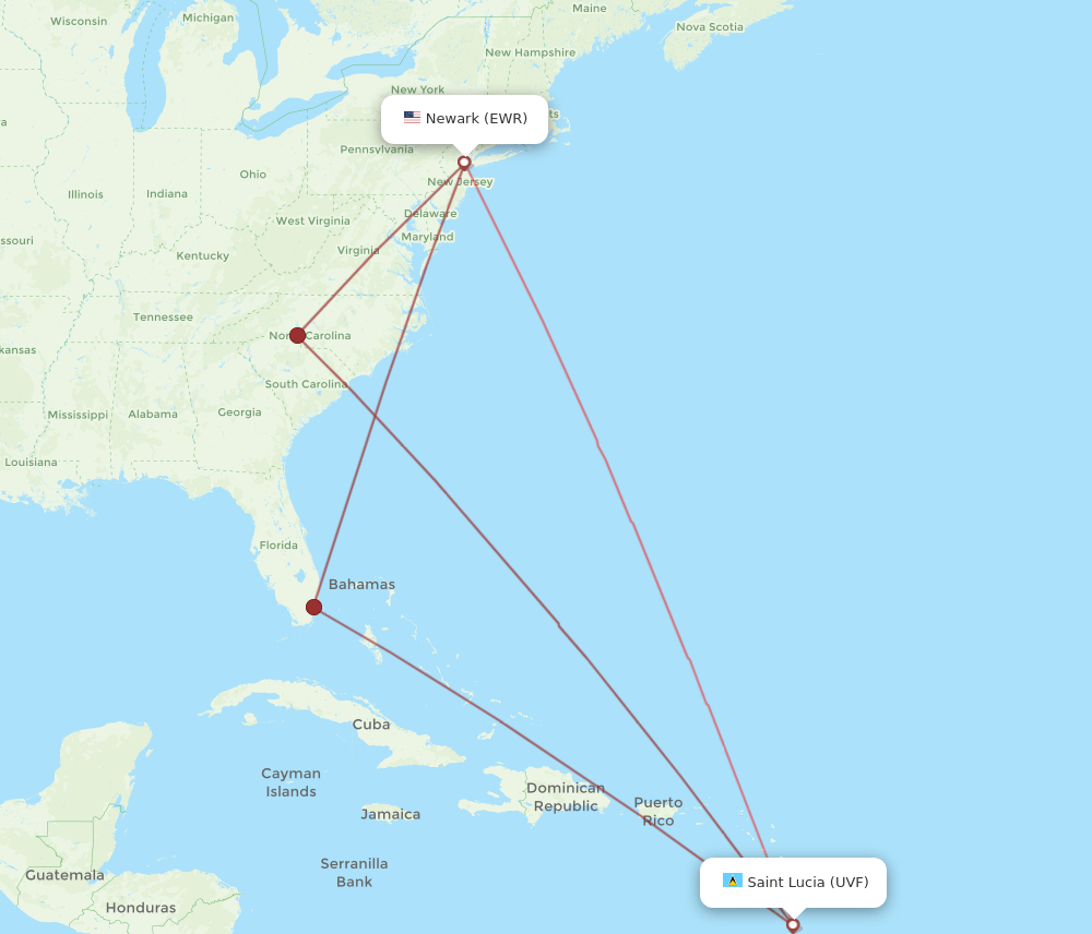 UVF to EWR flights and routes map