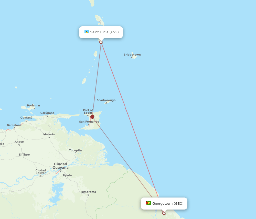 Saint Lucia - Georgetown route map and flight paths