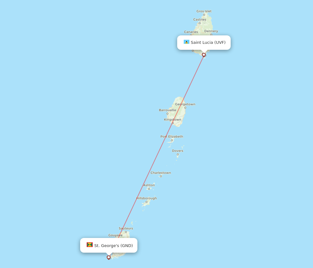 Saint Lucia - St. George's route map and flight paths