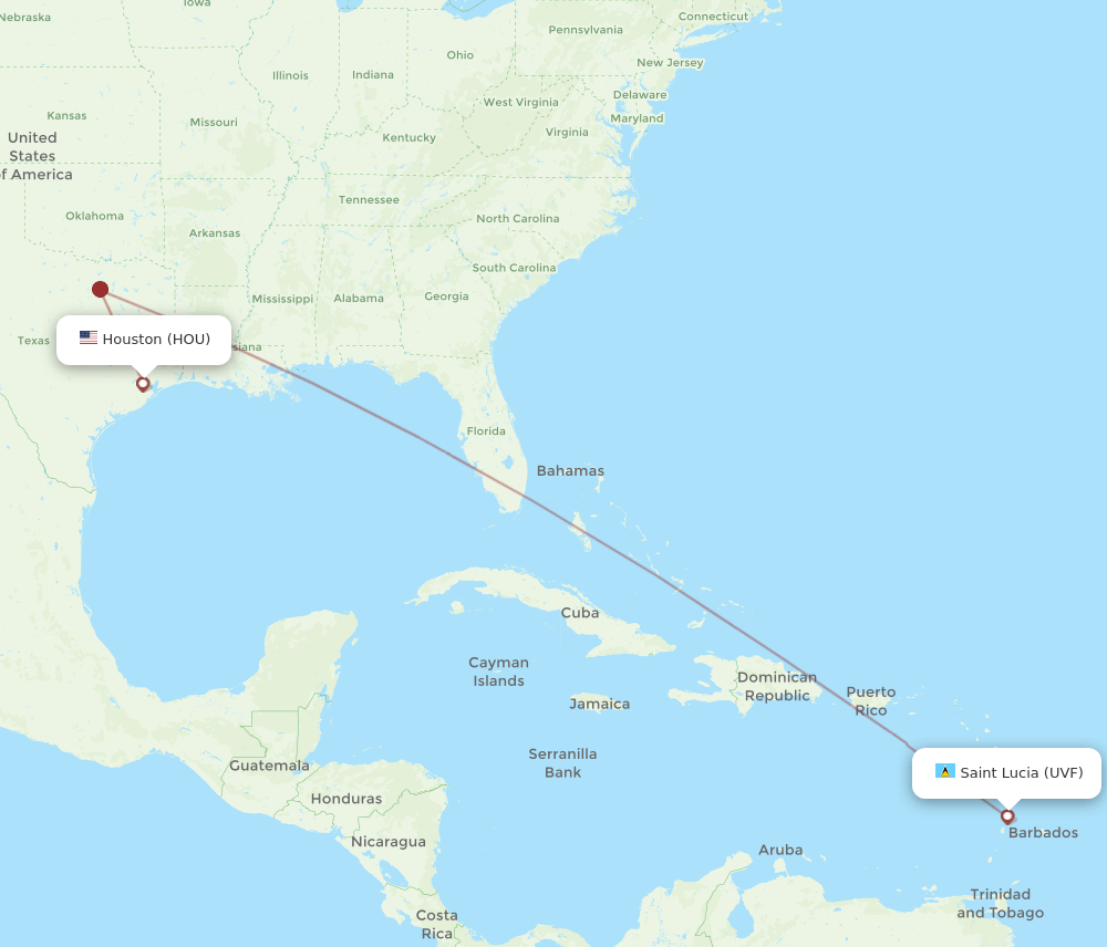 Saint Lucia - Houston route map and flight paths
